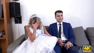 DEBT4k. Debt collector fucks the bride in milky dress and pantyhose